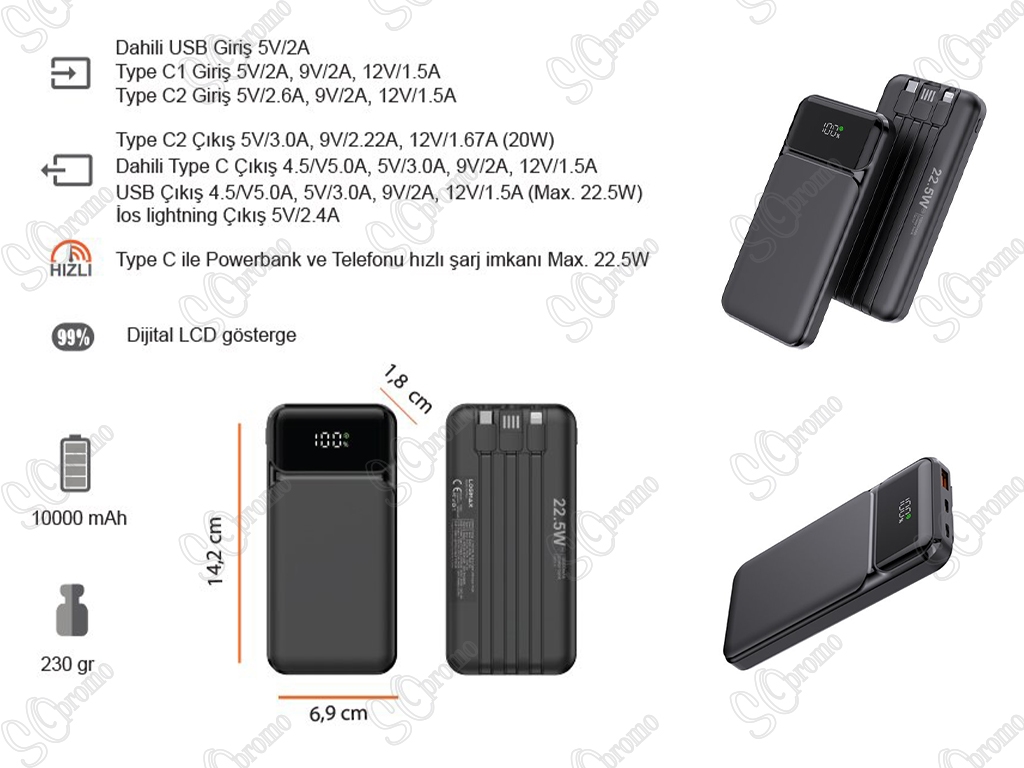 10000 mAh 22.5W Hızlı Sarjlı (Dahili Kablolu) Powerbank