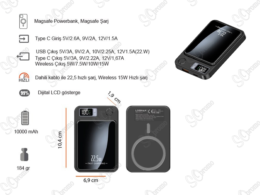 10000 mAh Magsafe 22.5W Hızlı Sarjlı 15W Hızlı Wireless Powerbank