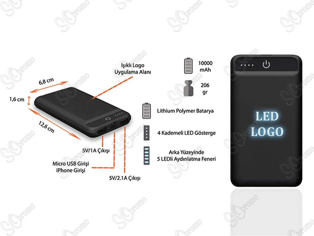 10000 mAh Powerbank Işıklı Logo