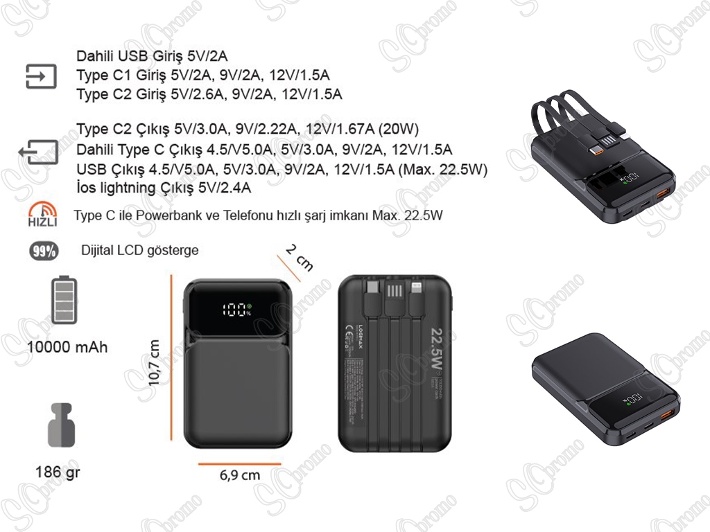 10000 mAh 22.5W Hızlı Sarjlı (Dahili Kablolu) Powerbank
